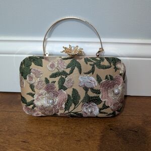 Floral Embroidered Clutch with Gold Handle